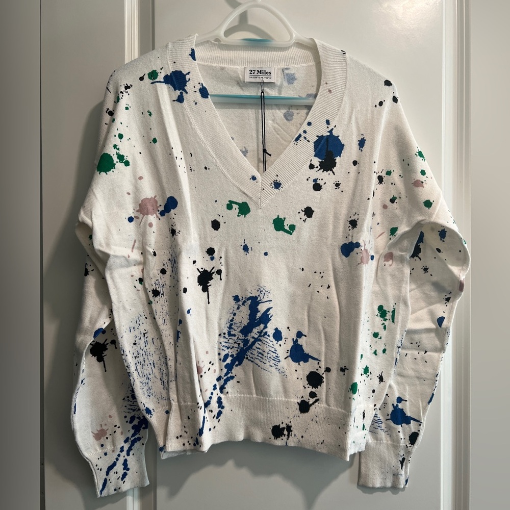 NWT 27 Miles Malibu Splatter Paint V-Neck Sweater